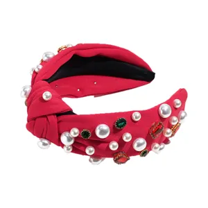 Roter breiter geknoteter Haarreif mit Perlen und Strass Luxus Haarschmuck elegant chic