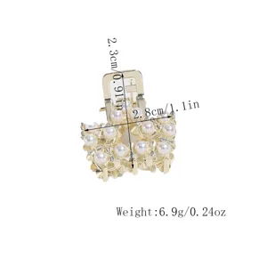 Gold alloy mini hair claw clip with pearls and rhinestones for elegant half-up hairstyles.