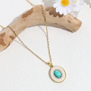 Vintage Copper Alloy Turquoise Moon Pendant Necklace For Women Geometric Butterfly Antler Rhinestone Choker Charm Chain Jewelry