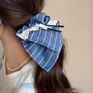 French blue striped lace hair scrunchie cute bow hair accessory sweet daily styling 01