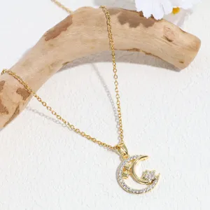 Gold crescent moon and star rhinestone pendant clavicle chain elegant necklace jewelry