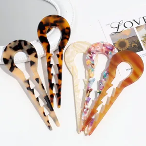 Acetat Leopardenmuster U-Form Haarnadel Gezahnte Haargabel Für Damen Mode Haarschmuck Schildpatt Kontrastfarbe Haarpin Für Dutt