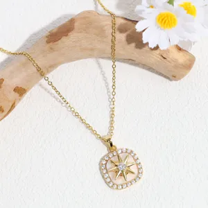 Exquisite square star compass pendant necklace with shimmering rhinestones for women chic jewelry.