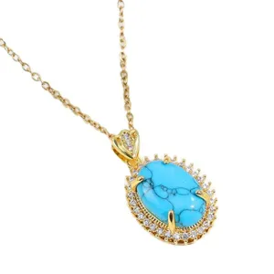 Gold turquoise rhinestone pendant necklace, elegant style clavicle chain jewelry for women.