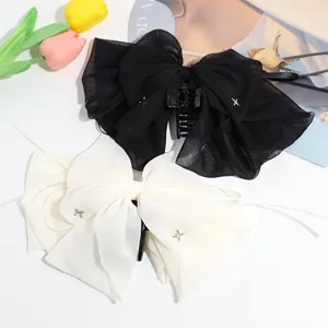 Exquisite mesh bow hair claw with sparkling rhinestones, elegant shark clip for daily hairstyles.