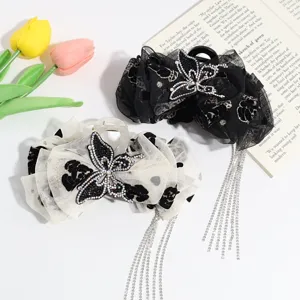Elegant Korean mesh rhinestone butterfly hair claw clip, sparkling crystal tassel shark clip.