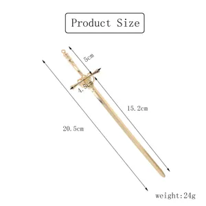 Golden metal sword hairpin detail size chart with 20.5cm length and elegant design for hair styling.