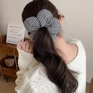 Black and white checkered hair scrunchie, cloud bow hair rope, sweet vintage hair accessory.