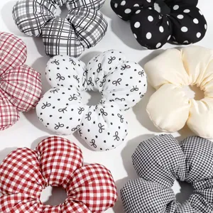 Fashion cloud flower hair scrunchie set, plaid and polka dot ponytail hair rope accessories.
