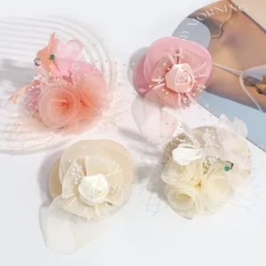 French Vintage Flower Mesh Feather Fascinator Hat Hair Clip Elegant Party Banquet Headpiece For Women Accessory