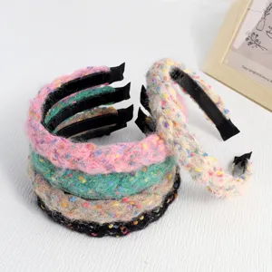 Colorful braided headbands fluffy winter hair hoops stylish cloth hair accessories detail view