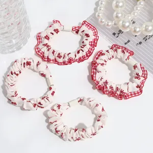Sweet Red Gingham Lace Floral Bow Print Hair Scrunchie Elastic Fabric Ponytail Holder Hair Tie For Women Daily Fashion