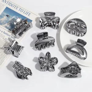 Zilverkleurige metalen haarclip set, stijlvolle geometrische en bloem haarspelden voor dames.