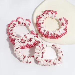 Sweet red plaid floral bow hair scrunchies set aesthetic cute ponytail hair accessories for women