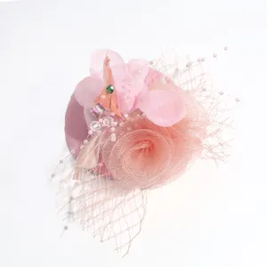 French elegant retro pink mesh feather floral fascinator hairpin for women prom party.