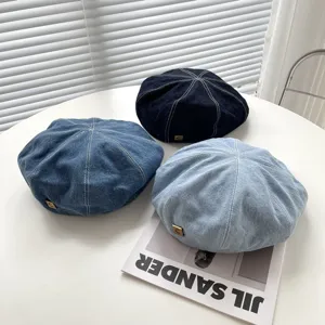 Vintage Denim Beret Hat For Women Korean Style Painter Cap Adjustable Soft Cotton Octagonal Hat Spring Autumn Headwear