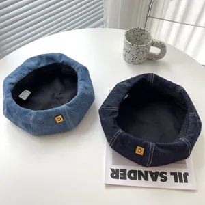 Stylish denim beret for women, casual painter hat with cotton fabric, spring and autumn.