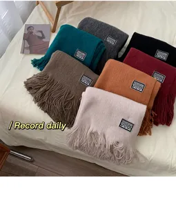 Cozy knit fringe scarf for women, winter warm long thick casual neck warmer, solid color daily wear.