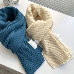 Dettaglio sciarpa in maglia a coste texture morbida, accessorio invernale blu beige.