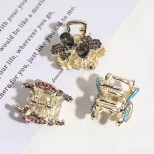 Mini rhinestone hair claw clips set, elegant metal small hair jaws for women and girls daily styling.