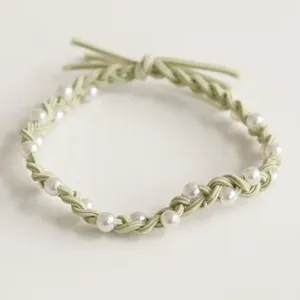 Green braided hair tie with pearls, simple elastic hair scrunchie for women daily wear.