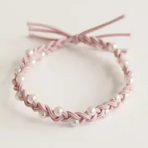 Pink braided hair tie with faux pearls, elastic rubber band scrunchie for daily use.