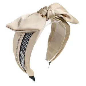 Elegant wide satin bow headband with houndstooth and rhinestones, chic hair accessory.