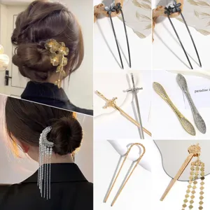 Crystal Flower U-Shaped Hair Stick Butterfly Rhinestone Hairpin Vintage Elegant Hair Accessories Alloy Tassel Hair Fork For Women Wedding Party