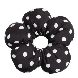 Black and white polka dot flower hair scrunchie, cute cloud ponytail holder accessory
