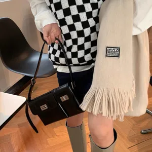 Beige knitted scarf for women, cozy winter tassel scarf, casual warm long neck wrap.