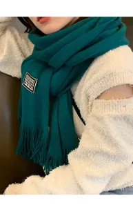 Dark green knitted scarf for women winter cozy long tassel scarf fashion warm neckerchief