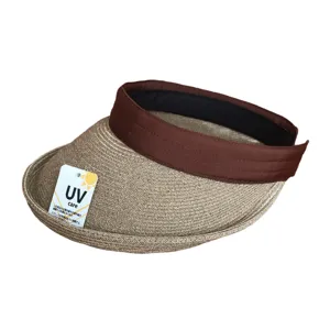 Elegante visera de sol de paja abierta con protección UV, ideal para verano de mujer.