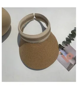 Womens straw sun visor hat for summer beach empty top woven sunhat braided brim cap