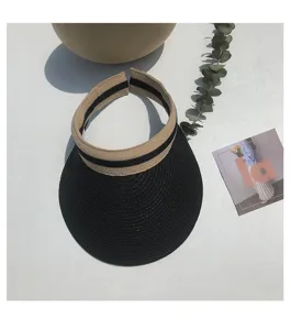 Women straw sun visor hat empty top summer beach cap casual chic black and khaki woven hat