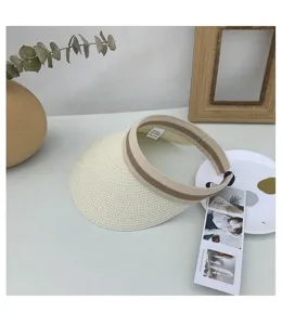 Summer straw sun visor hat with striped band, empty top beach hat for women daily wear.