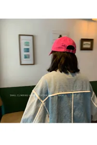 Summer washed solid color retro baseball cap women pink hat casual denim outfit detail