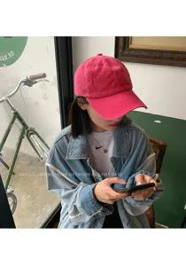 Vintage washed solid color baseball cap for women, soft crown curved brim hat pink.