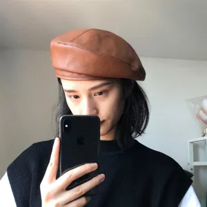 Brown PU leather beret hat detail, vintage British style painter cap for women daily wear.