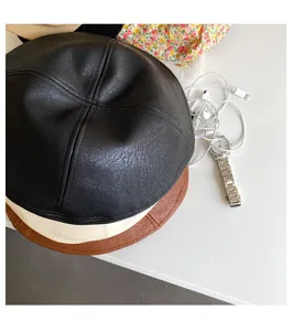 Women PU leather beret retro painter hat British style spring autumn fashion black brown hat