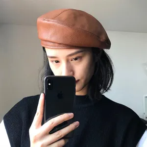 Women PU Leather Beret Hat British Vintage Solid Color Brimless Artist Painter Cap Fashion Casual Streetwear Literary Style Headwear