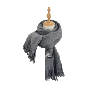 Grey knitted winter scarf for women, warm tassel long muffler casual fashion neck wrap