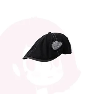 Black retro newsboy cap for men and women, vintage flat beret hat with stylish side patch.