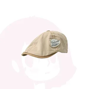 Retro beige newsboy cap for women and men, vintage style ivy hat with embroidered patch design.