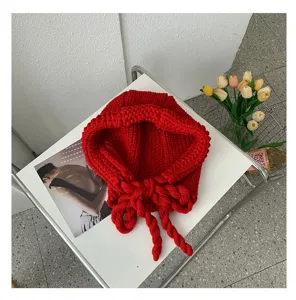 Solid red knitted balaclava hood warm winter hat with braided ties for women stylish