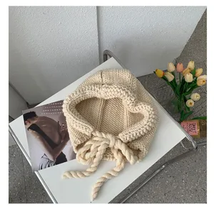Beige knitted bonnet thick braided lace-up warm winter hat cozy half-wrap ear protection cap