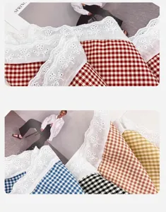 Detail shot of vintage gingham fabric with delicate white lace trim in multiple colors.
