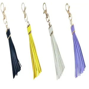 Close-up detail of colorful PU leather tassel keychains with metal clasps, vibrant.
