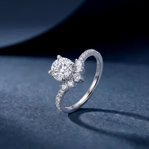 Lab-grown diamond sterling silver ring closeup, elegant V-shaped cluster design detail.