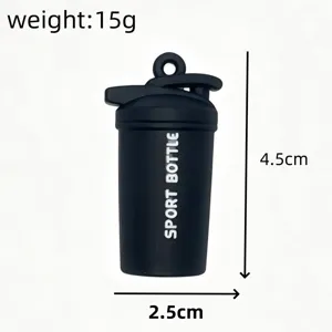 Mini sports shaker bottle keychain pendant, black miniature fitness cup ring accessory detail