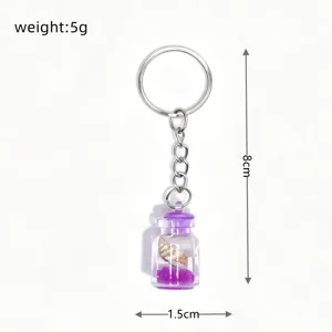 Creative seashell wishing bottle keychain with purple sand, cute metal ring pendant.